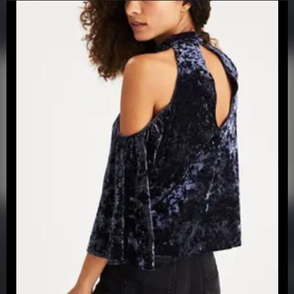 American Eagle Outfitters Tops - American Eagle Navy Blue Crushed Velvet Cold Shoulder Choker Wide Sleeve Top S